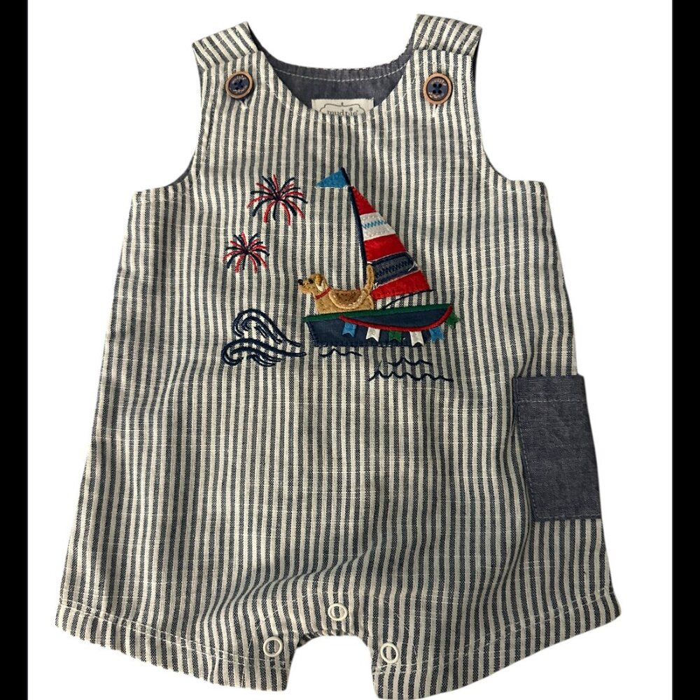 Mud Pie 0-3 Months Sail Away Sailing Dog Romper 4th July Beach